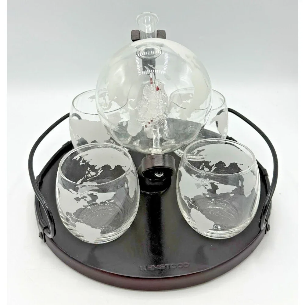 Whiskey Liquor/Wine Decanter Globe World Set Spun Glass Ship 4 Glasses/Tray